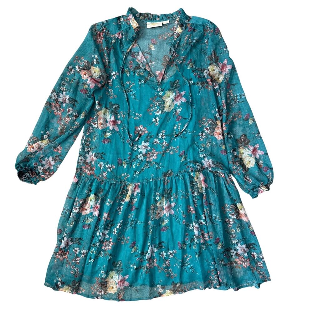 Anthropologie Maeve Emmy Floral Tunic Long Sleeve Sheer Dress Teal Size Small - Picture 11 of 12